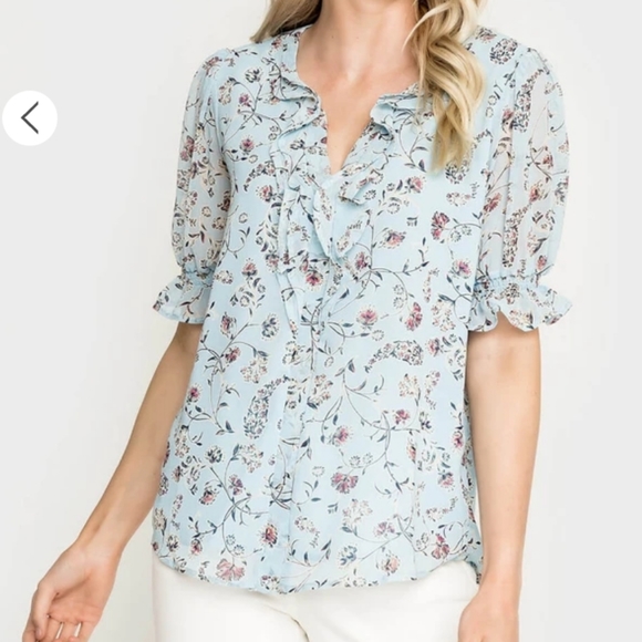 Baby blue chiffon blouse with floral design - Picture 8 of 8